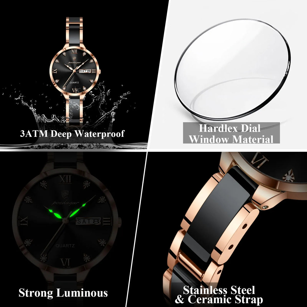 KissICON POEDAGAR Fashion Elegant Women Watches Week Date High Quality Waterproof Ladies Quartz Watch Stainless Steel Watch For Woman+Box