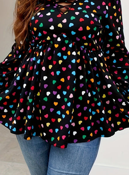 jkthpu-45 Polychrome / UK 16 Plus Size Colorful Heart Print Cross Front T-Shirt,