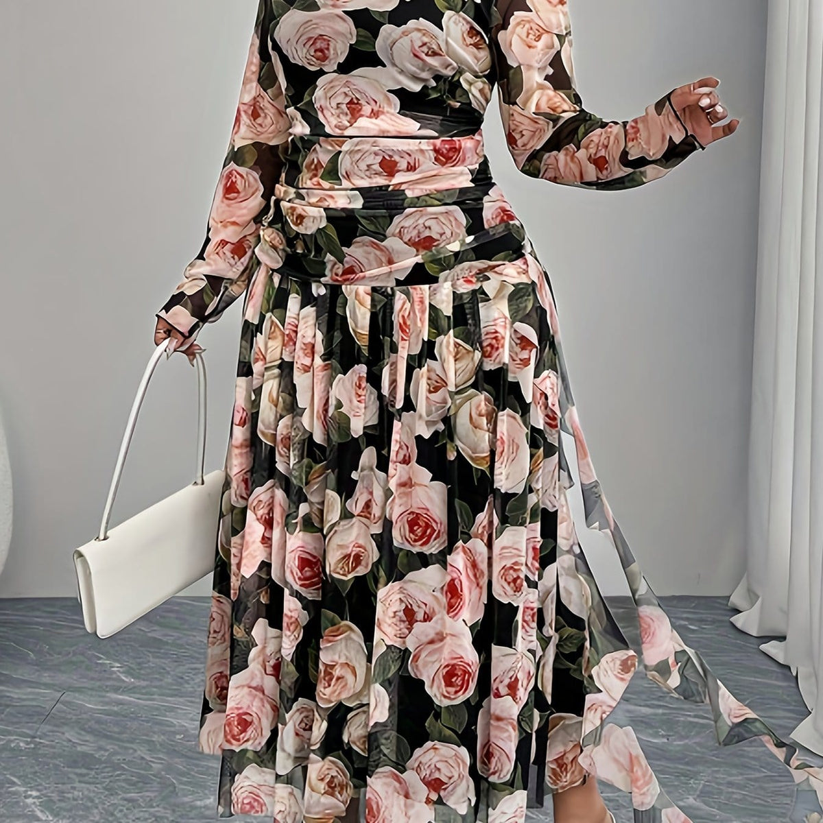 jkthpu-45 Polychrome / UK 16 Plus Size, Spring and Autumn Romantic Rose Print Long Sleeve Dress with High Waist, Elegant Design for Women's Elegance - Perfect for Dates, Parties, and Casual Attire
