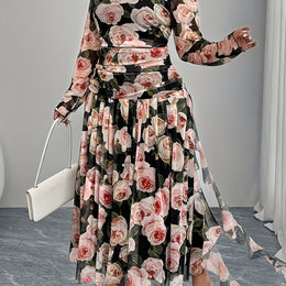 jkthpu-45 Polychrome / UK 16 Plus Size, Spring and Autumn Romantic Rose Print Long Sleeve Dress with High Waist, Elegant Design for Women's Elegance - Perfect for Dates, Parties, and Casual Attire