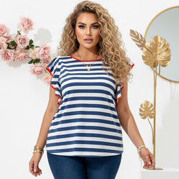 jkthpu-45 shirt Polychrome / UK 18 Elegant Plus Size Blue  White Striped Ruffle Tee