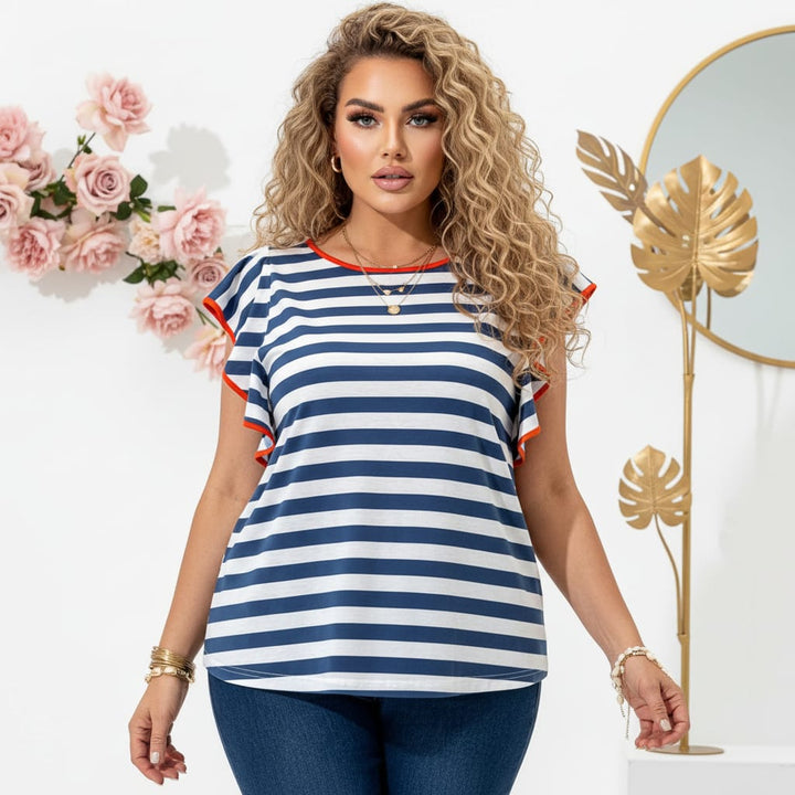 Elegant Plus Size Blue  White Striped Ruffle Tee