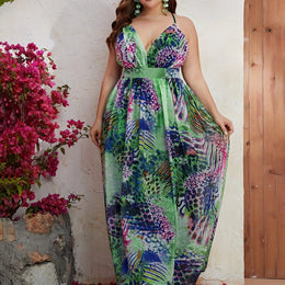jkthpu-45 Polychrome / UK 18 Plus Size - Elegant Tropical Print Chiffon Halter Neck Dress for Women - Sleeveless, Backless, Long Dress with Ruched Chest Detail, Perfect for Summer Beach Vacations, Beach Dress