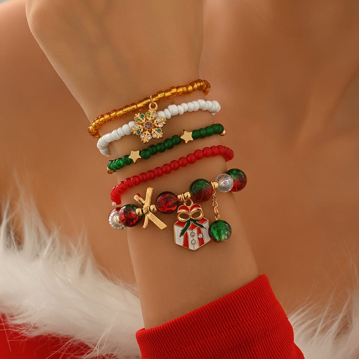 KissICON Polychrome Vintage Christmas Beaded Bracelet – 5 Unique Layered