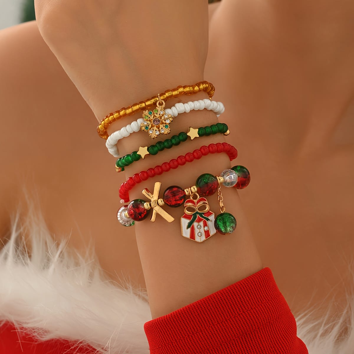 KissICON Polychrome Vintage Christmas Beaded Bracelet – 5 Unique Layered