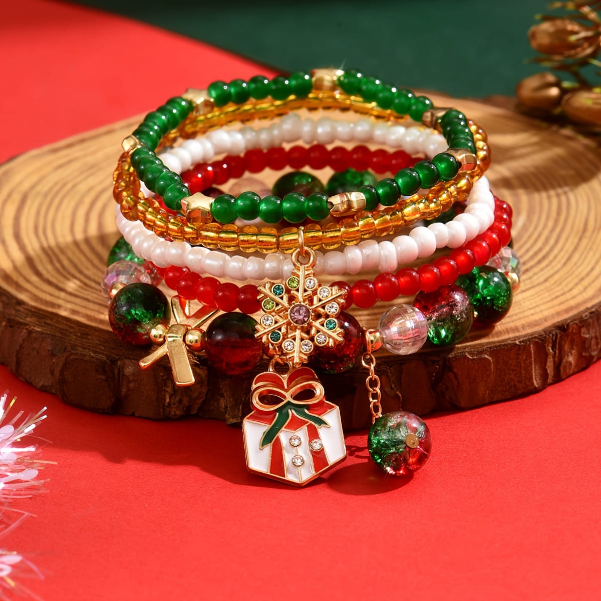 KissICON Polychrome Vintage Christmas Beaded Bracelet – 5 Unique Layered