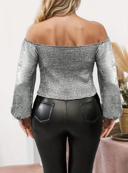 jkthpu-45 [Polyester Off-Shoulder Blouse] Stylish Polyester Elegant Off-Shoulder Blouse with Lantern Sleeves | Long Sleeve, Solid Color, Machine Washable, Perfect for Casual or Party Wear
