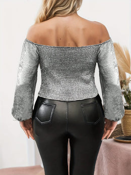 jkthpu-45 [Polyester Off-Shoulder Blouse] Stylish Polyester Elegant Off-Shoulder Blouse with Lantern Sleeves | Long Sleeve, Solid Color, Machine Washable, Perfect for Casual or Party Wear