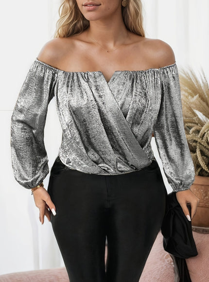 jkthpu-45 [Polyester Off-Shoulder Blouse] Stylish Polyester Elegant Off-Shoulder Blouse with Lantern Sleeves | Long Sleeve, Solid Color, Machine Washable, Perfect for Casual or Party Wear