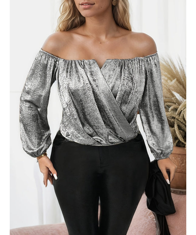 jkthpu-45 [Polyester Off-Shoulder Blouse] Stylish Polyester Elegant Off-Shoulder Blouse with Lantern Sleeves | Long Sleeve, Solid Color, Machine Washable, Perfect for Casual or Party Wear
