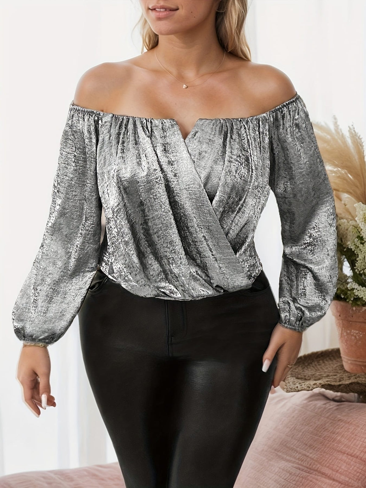 jkthpu-45 [Polyester Off-Shoulder Blouse] Stylish Polyester Elegant Off-Shoulder Blouse with Lantern Sleeves | Long Sleeve, Solid Color, Machine Washable, Perfect for Casual or Party Wear
