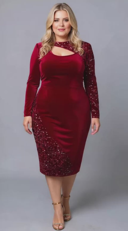 Plus Size Burgundy Velvet Sequin Bodycon Midi Dress