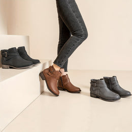 Chunky Heel Comfort SlipOn Buckle Ankle Boots