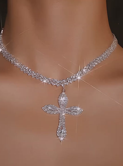 Luxury Rhinestone Cross Pendant Sparkle Silver Necklace Gift
