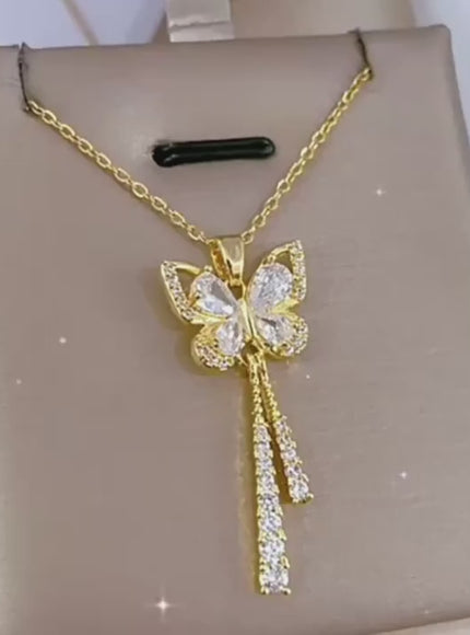 Sparkling Zirconia Gold Butterfly Tassel Necklace