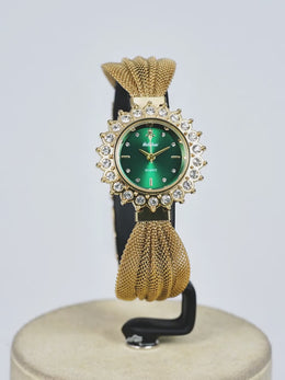 Retro Skeleton Watch Gold Dial Rhinestone Black Strap Gift Box