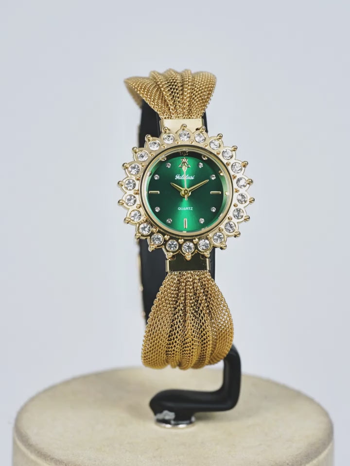 Retro Skeleton Watch Gold Dial Rhinestone Black Strap Gift Box