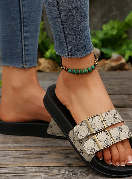 Chic Floral Double Buckle Summer Slide Sandals
