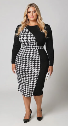 Plus Size Houndstooth Panel Bodycon Midi Dress