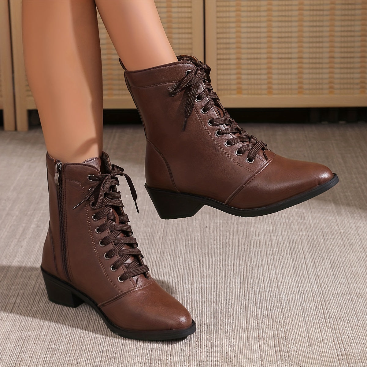 Chic MidHeel Combat Boots Velvet Lined LaceUp Side Zip