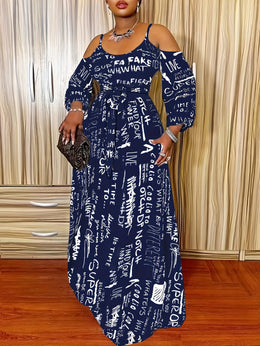 jkthpu-45 Print Maxi Dress - White with Black & Red Letter Print, Stretchy Polyester Blend, Machine Washable, Perfect for Spring/Fall