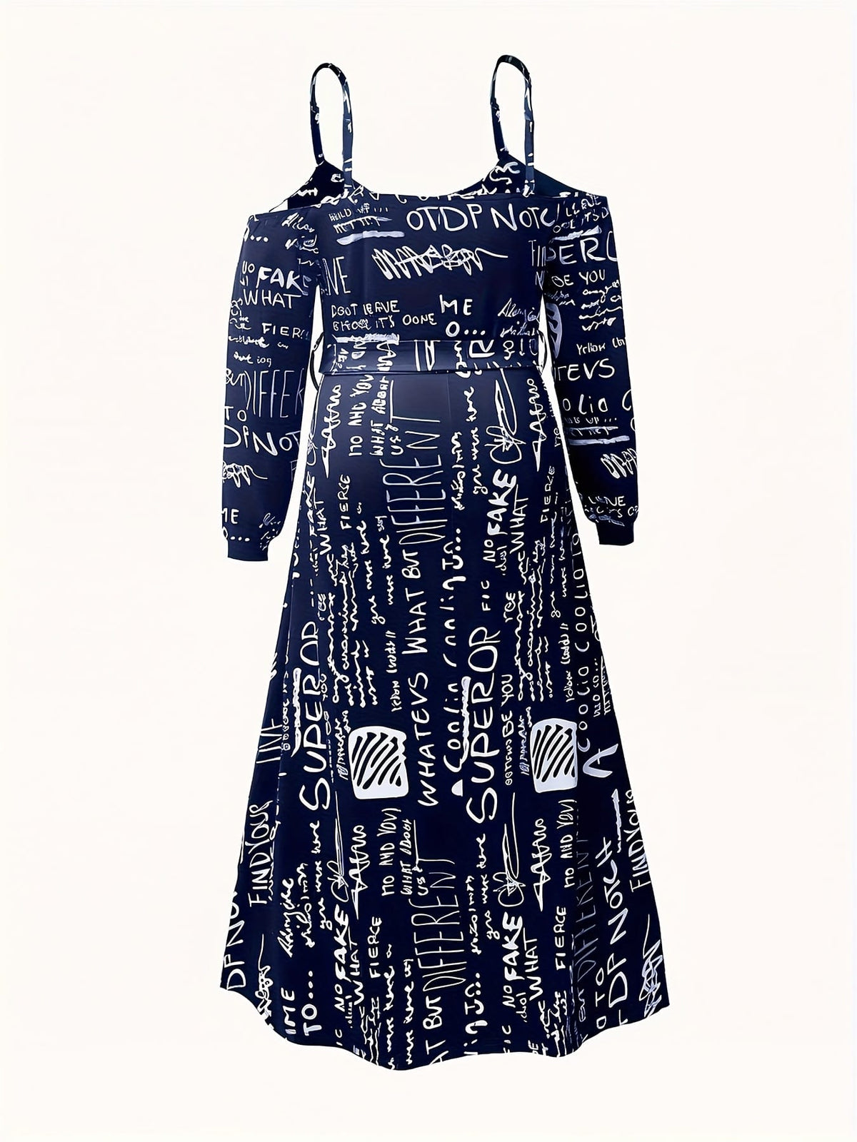 jkthpu-45 Print Maxi Dress - White with Black & Red Letter Print, Stretchy Polyester Blend, Machine Washable, Perfect for Spring/Fall
