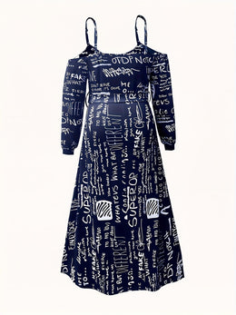 jkthpu-45 Print Maxi Dress - White with Black & Red Letter Print, Stretchy Polyester Blend, Machine Washable, Perfect for Spring/Fall