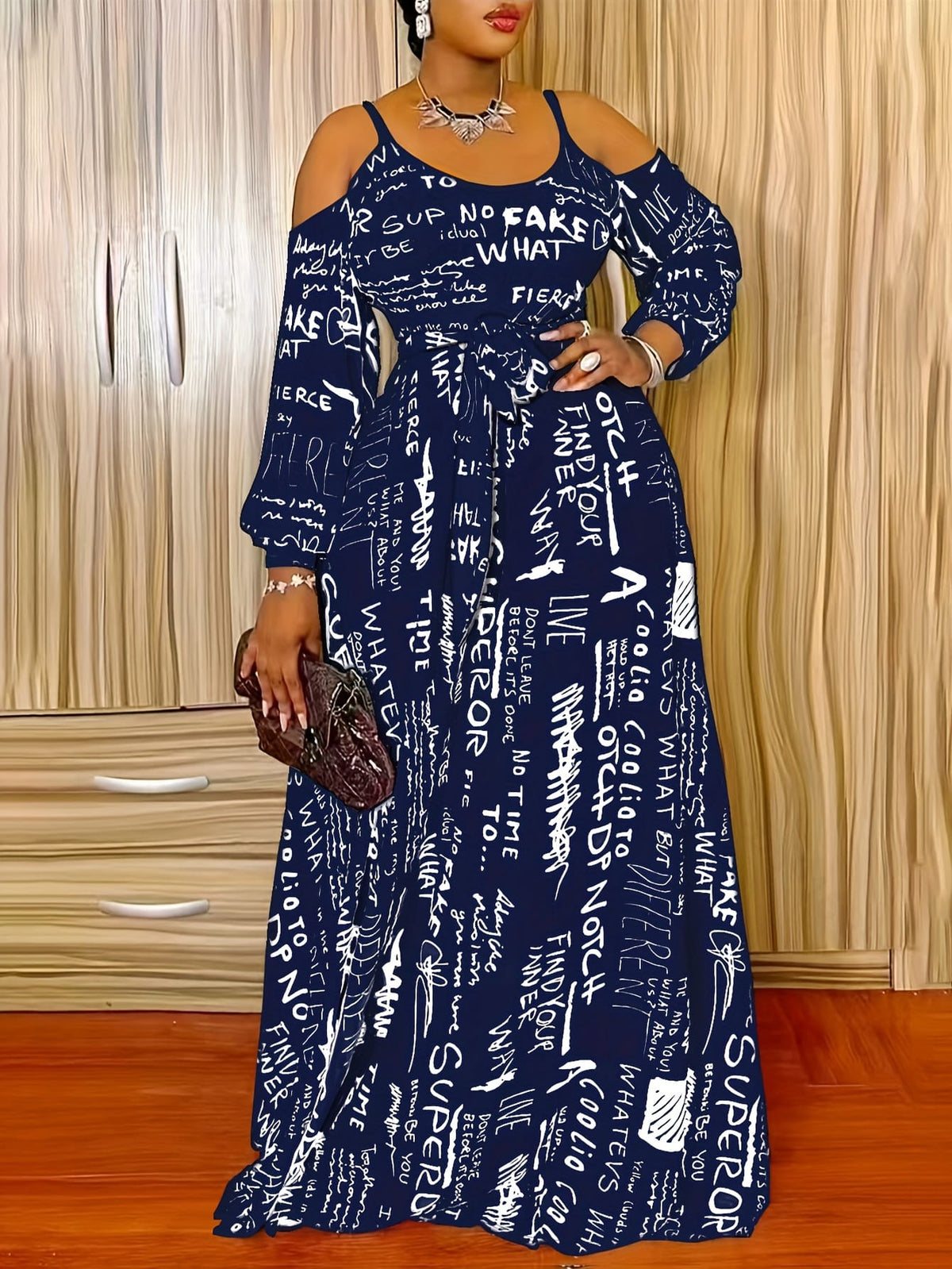 jkthpu-45 Print Maxi Dress - White with Black & Red Letter Print, Stretchy Polyester Blend, Machine Washable, Perfect for Spring/Fall