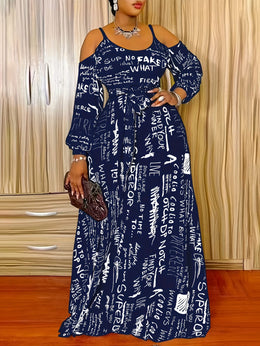 jkthpu-45 Print Maxi Dress - White with Black & Red Letter Print, Stretchy Polyester Blend, Machine Washable, Perfect for Spring/Fall