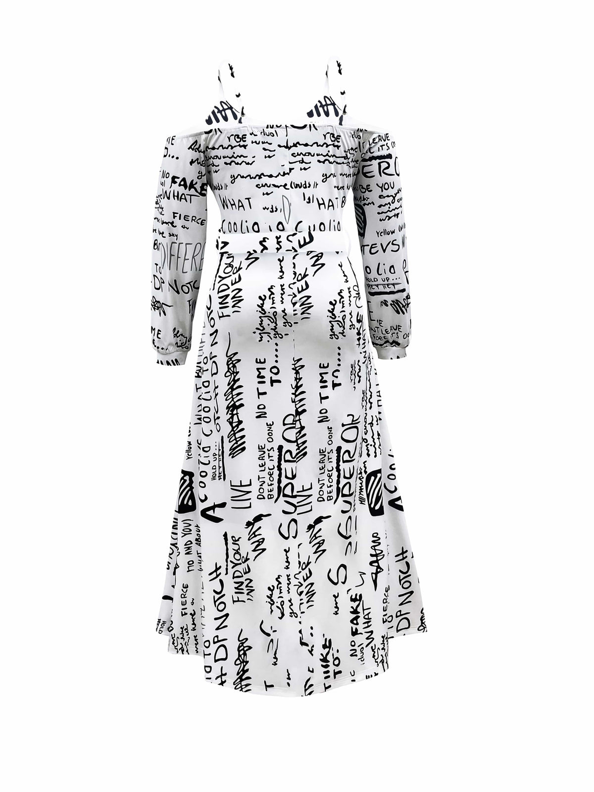 jkthpu-45 Print Maxi Dress - White with Black & Red Letter Print, Stretchy Polyester Blend, Machine Washable, Perfect for Spring/Fall