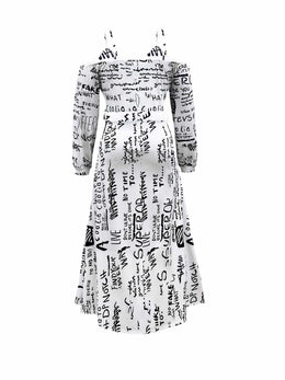 jkthpu-45 Print Maxi Dress - White with Black & Red Letter Print, Stretchy Polyester Blend, Machine Washable, Perfect for Spring/Fall