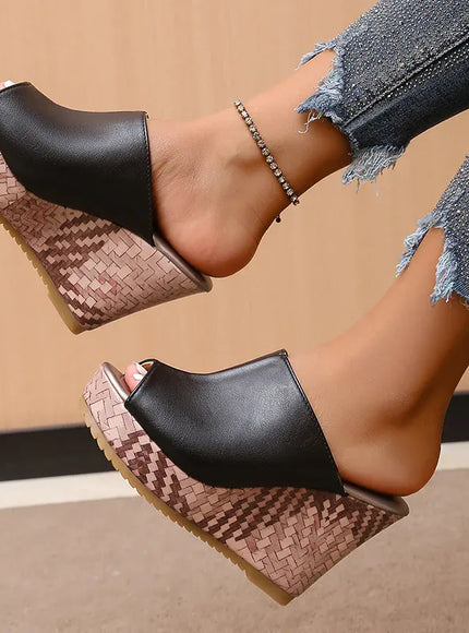 KissICON Pu Leather Block Print Thick Sole Wedges Sandals