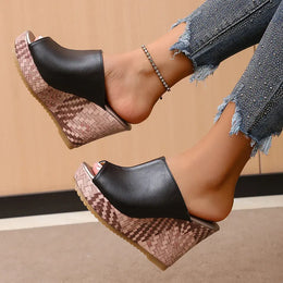 KissICON Pu Leather Block Print Thick Sole Wedges Sandals