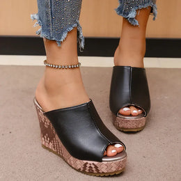 KissICON Pu Leather Block Print Thick Sole Wedges Sandals