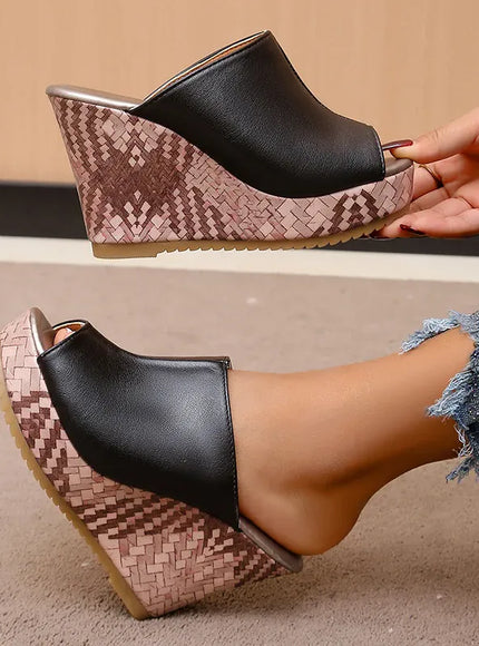 KissICON Pu Leather Block Print Thick Sole Wedges Sandals