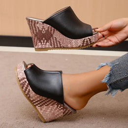 KissICON Pu Leather Block Print Thick Sole Wedges Sandals