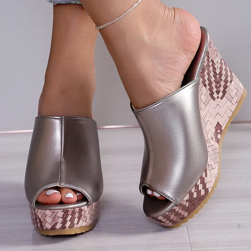 KissICON Pu Leather Block Print Thick Sole Wedges Sandals