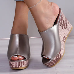 KissICON Pu Leather Block Print Thick Sole Wedges Sandals