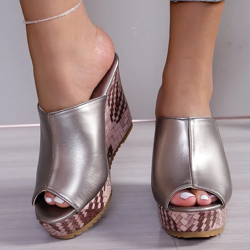 KissICON Pu Leather Block Print Thick Sole Wedges Sandals