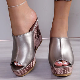 KissICON Pu Leather Block Print Thick Sole Wedges Sandals