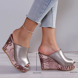 KissICON Pu Leather Block Print Thick Sole Wedges Sandals