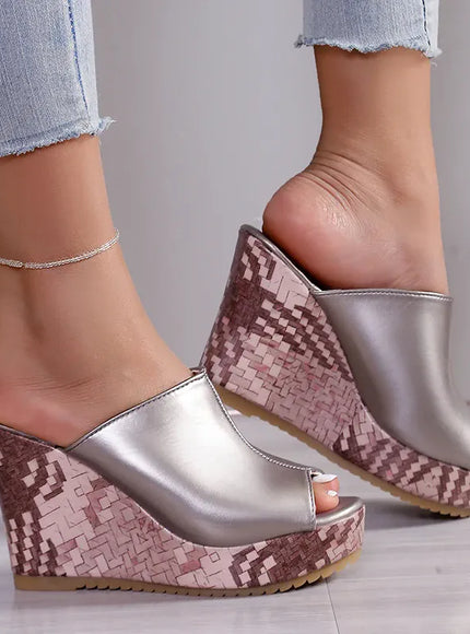 KissICON Pu Leather Block Print Thick Sole Wedges Sandals