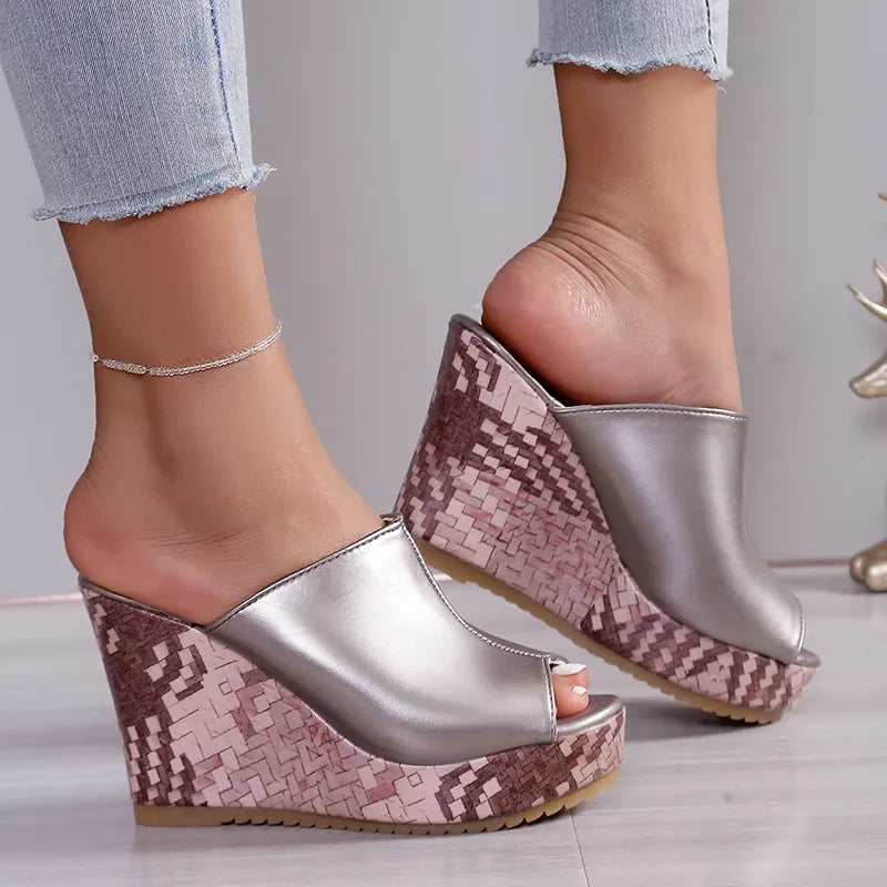 KissICON Pu Leather Block Print Thick Sole Wedges Sandals