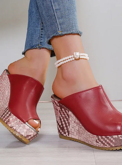 KissICON Pu Leather Block Print Thick Sole Wedges Sandals
