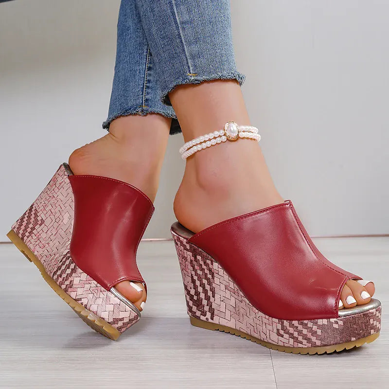 KissICON Pu Leather Block Print Thick Sole Wedges Sandals