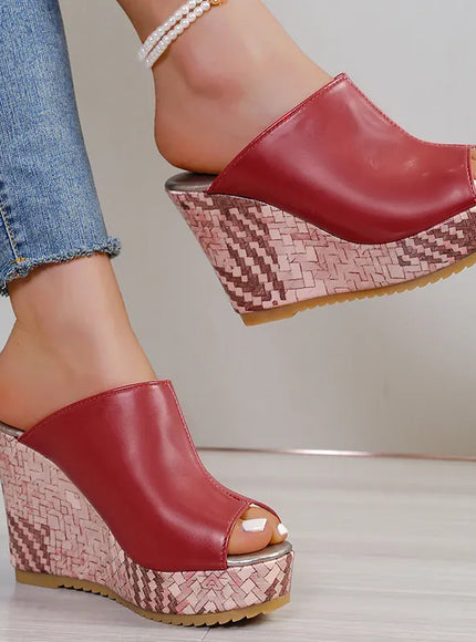 KissICON Pu Leather Block Print Thick Sole Wedges Sandals