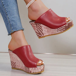 KissICON Pu Leather Block Print Thick Sole Wedges Sandals