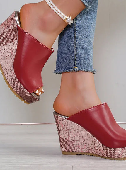 KissICON Pu Leather Block Print Thick Sole Wedges Sandals