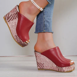 KissICON Pu Leather Block Print Thick Sole Wedges Sandals