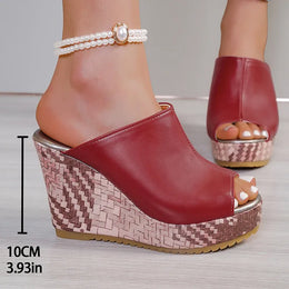 KissICON Pu Leather Block Print Thick Sole Wedges Sandals